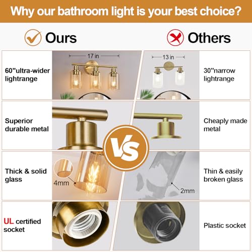 Image of Zarbitta 3-Light Bathroom Light Fixtures, Brushed Gold Vanity Light, Farmhouse Wall Lights with Amber Glass Shades, Bathroom Wall Lamp for Mirror Kitchen Bedroom Hallway Living Room