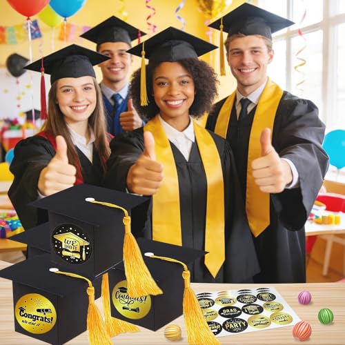 Image of 100Pcs Graduation Cap Gift Boxes, Graduation Candy Box with Graduation Stickers, Black Grad Cap Treat Cake Chocolate Biscuit Card Box Yellow Tassel, Graduation Decorations for Graduation Ceremony Party (100Pcs, Graduation Boxs with Graduation Stickers)
