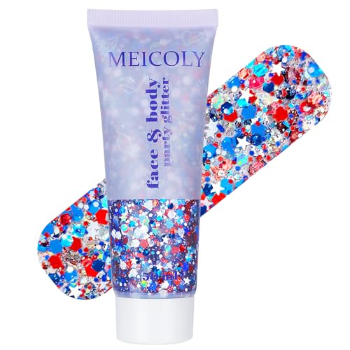 MEICOLY 250th Red White and Blue Patriotic Face Glitter Fourth of July Star Hair Glitter 4th of July Outfits for Women USA Flag Body Glitter for Independence Day Veterans Day