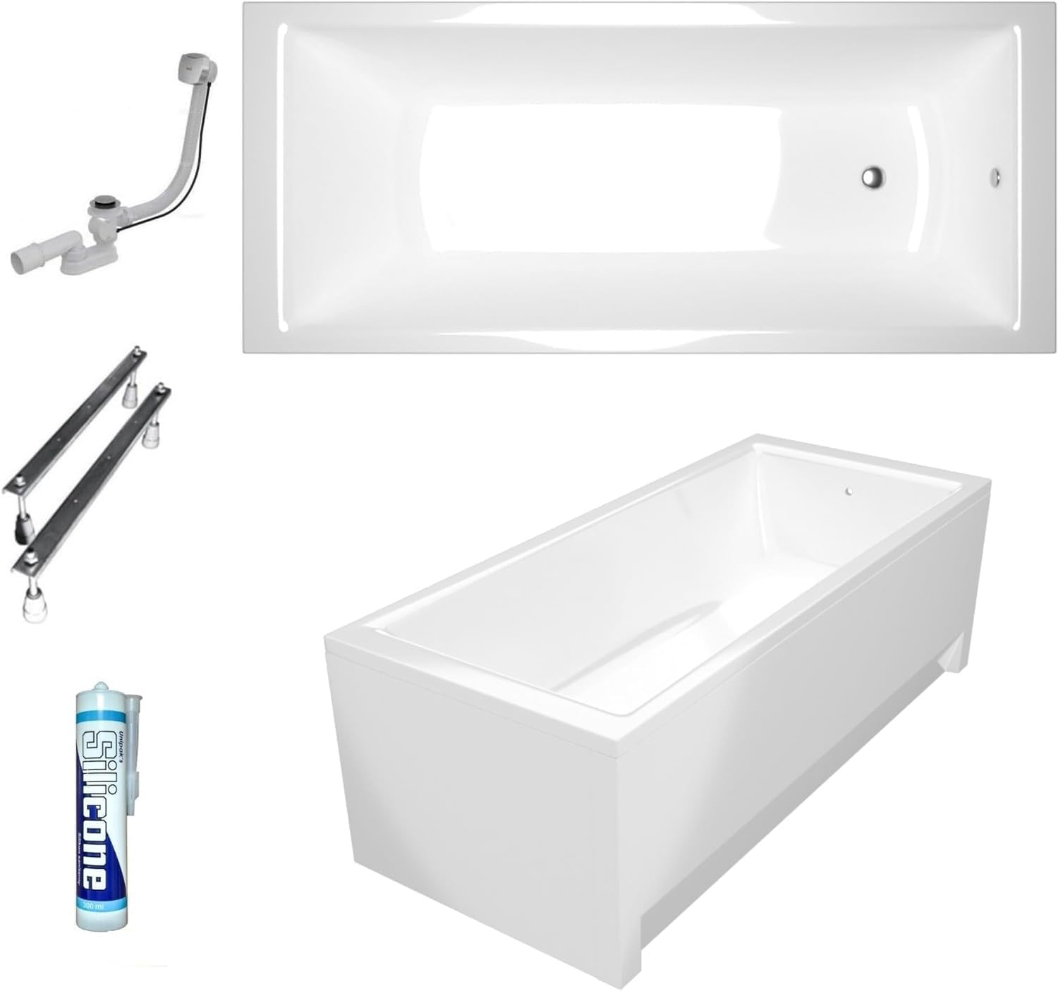 ECOLAM Baignoire rectangle acrylique TAMI 170x70 cm + tablier en acrylique | pieds + siphon + silicone | Set complet