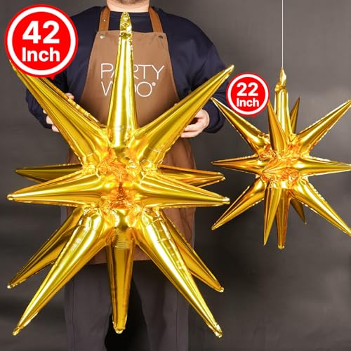 Image of PartyWoo Gold Star Spike Balloons 2pcs Explosion Foil Mylar Balloons | 42 Inch for Graduation Birthday Baby Shower Engagement Wedding Bridal Shower Anniversary Bachelorette Party Decorations