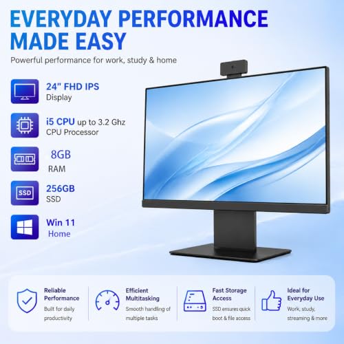 Image of 24 inch FHD All in One Desktop Computer, i5 CPU, 8GB RAM 256GB SSD, All-in-One 1920x1080 Display, HD Privacy Protection Webcam, WiFi 6 + BT 5.3, Win11 Home, Black