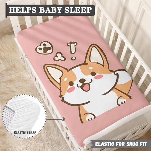 Image of Cute Corgi Crib Sheets for Baby Girls Crib Sheets for Standard Crib Mattress Cover Breathable Soft Fitted Crib Sheet (28''x 52'') Crib Sheets, Pink, Puppy Dog, BZA16