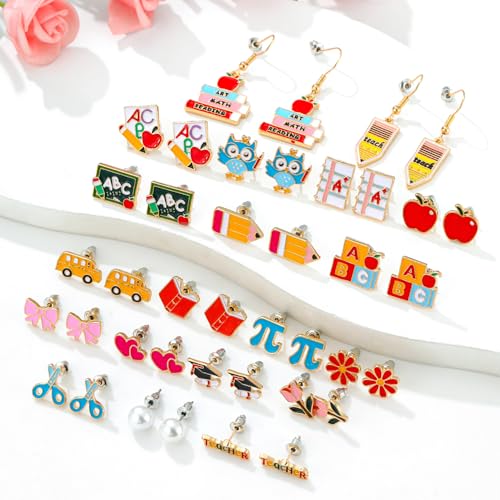 20 Pairs Teacher Earrings for Women Cute Apple Pencil Book Stud Earrings Set for Back to School Graduation Appreciation Gifts Fun Teacher Jewelry3