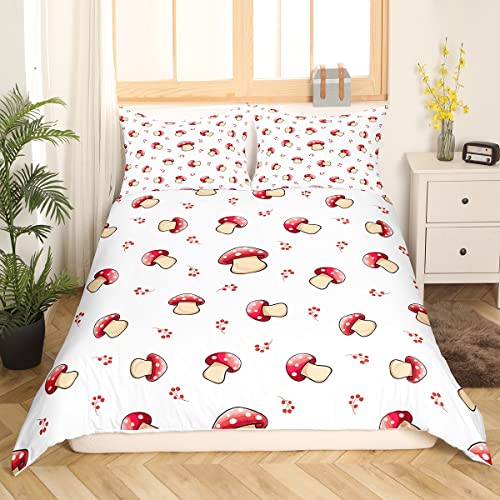 Mushroom Decor Duvet Cover Cute Mushrooms Bedding Set for Kids Boys Girls Teens Kawaii Cartoon Fungus Botanical Plants Decor Comforter Cover Red White Bedspread Cover with 1 Pillow Sham,Single Size - Image 3