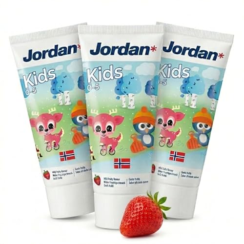 Jordan ® | Dentifrice Enfant | 0-5 Ans | Goût Fruité Doux | 50ml x 3 | 1000 ppm Fluorure | Sans SLS | Pour les Dents de Lait & Gencives Sensibles