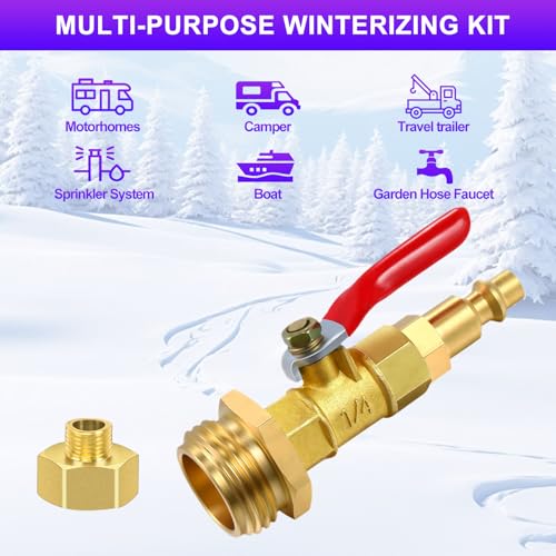 Image of RV Winterize Blowout Adapter with Ball Valve: Solid Brass air compressor with 1 /4 inch Quick Plug and 3 /4 inch Garden Water Hose for RV Camper Trailer and Boat