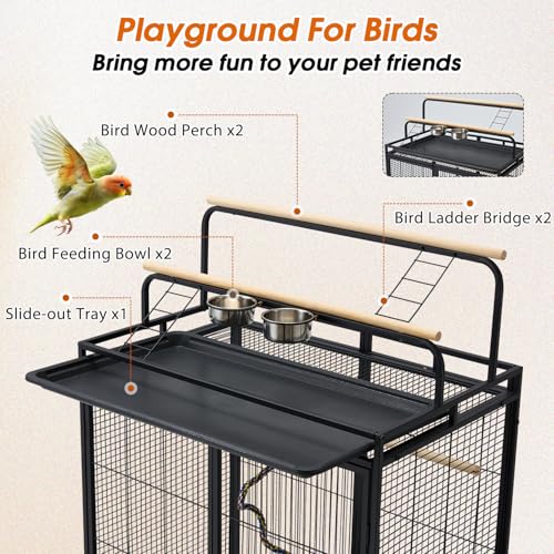 AVAWING 70-Inch Bird Cage with Play Top & Storage Cabinet, Tall Big Bird Flight Cage with Pull-Out Tray, Feeders, Cover, Stand, Rope, Metal Bird Aviary for Macaw Parakeet Cockatiel Budgie, Black - Image 3