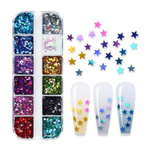Image of 3 Box Star Nail Glitters Sequins Iirdescent Hographic Colorful 3D Flakes Gradirnt Nail Glitter Design Independence Day Shiny Glitter Powder Manicure for Women Nail Art DIY Decorations Charms