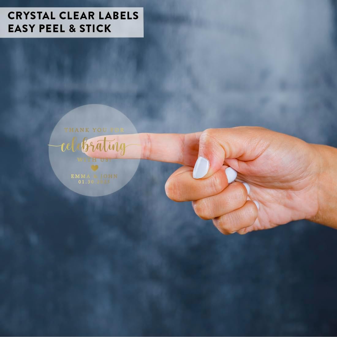 Andaz Press 2" Round Clear Personalized Wedding Sticker Labels with Gold Custom Script Thank You for Celebrating with Us Sticker, Wedding Stickers for Favors Personalized, Thank You Stickers, 40 Pack