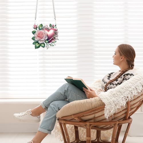 Image of AiYuanzsh 5D Diamond Painting Hanging Pendant, DIY Rose and Heart Diamond Art Kit for Adults, Crystal Rhinestone Window Decoration, Wall and Home Ornament, Valentine's Day Gift