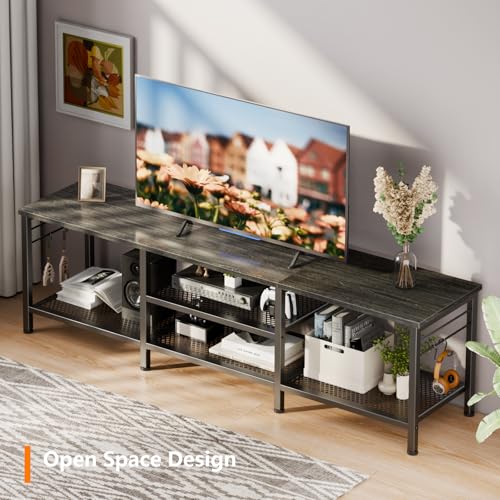 Image of Furologee 63 Inch TV Stand, Entertainment Center with Shelves, Black Oak | Console Table, Open Storage Shelves, 4 Hooks, for 65 /70 Inch TVs, TV Stands for Living Room, Bedroom
