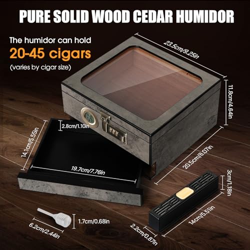 Image of Tesonway Cigar Humidor,Cedar Wood Humidor Cigar Box,Glass Top Desktop Humidor with Digital Thermo-Hygrometer, Humidifier, Divider, Accessories Drawer and Combination Lock,Cigar Gift for Men
