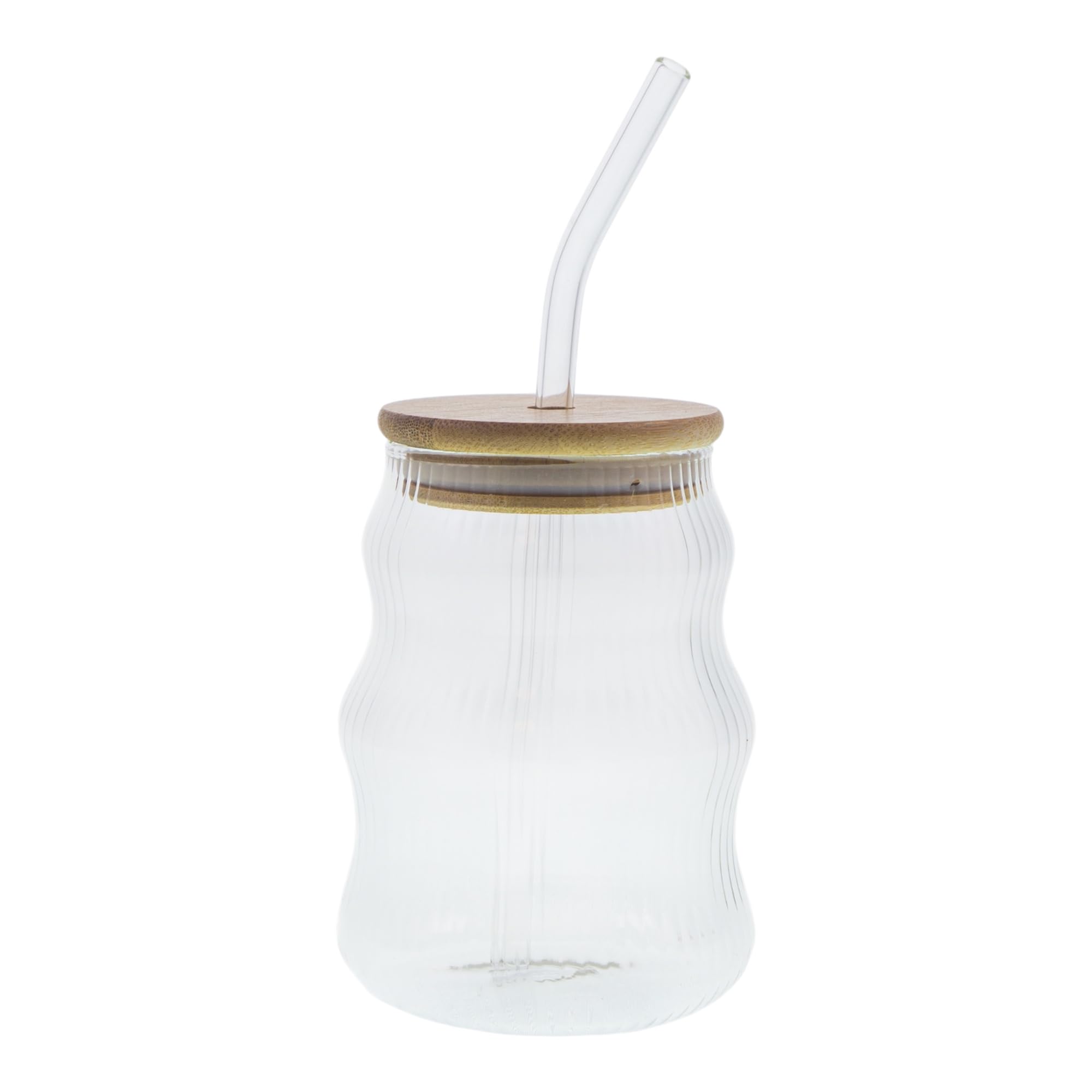 renovon 500ml Bambu Kapaklı Cam Bardak, Cam Pipetli Silikon Kapak Contalı İnce Çizgi Desenli Sıcak Soğuk İçecekler için Kahve Meyve Suları ve Çayları için Ergonomik Şık Tasarım