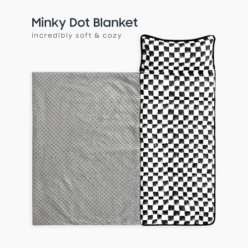 Image of Wake In Cloud - Toddler Nap Mat with Pillow and Minky Fleece Blanket, for Kids Boys Girls Ages 3 Plus in Daycare Preschool, Roll Up Sleeping Bag, Gingham Grid Checkered, Black White, Standard