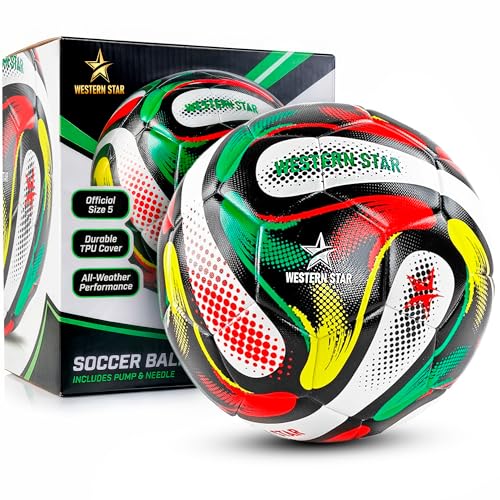 Image of Western Star Soccer Ball Size 4 and Size 5 - Thermo Bonded Construction with Reinforced Seams - Durable Design - Designed for Training & Matches - Performance Soccer Ball Quality - Professional Series