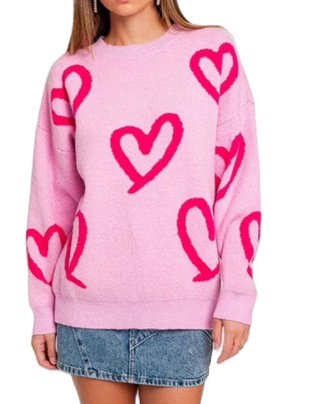 Image of Women Heart Print Knit Pullover Sweater Long Sleeve Round Neck Love Pattern Sweaters Trendy Valentine Knitted Sweater