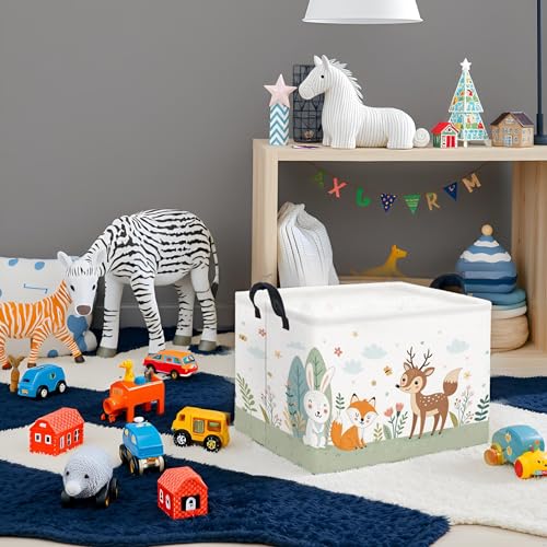Image of Rectangular Kids Storage Basket Baby Storage Basket with Handles for Home Kitchen Boys and Girls Cute Toy Storage Bin Organizer Shelf Book Room Decor(Flower Animal)