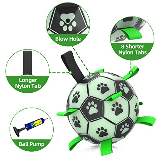 Image of Glow in The Dark Dog Toys, 8'' Dog Soccer Ball with Straps Upgraded Interactive Light Up Dog Toys, World Cup Dogs Football, Outdoor Tug Toys for Medium & Large Dogs Birthday Gifts(8 Inch-Large)