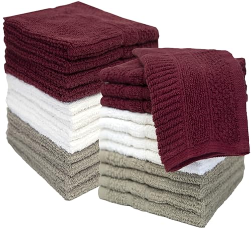 Image of PH Pleasant Home Ribbed Wash Cloths Set - 12 Pack (12 inch x 12 inch) - 509 GSM - 100% Ring Spun Cotton Wash Cloth - Super Soft and Highly Absorbent Face Towels (Maroon, White & Tan)