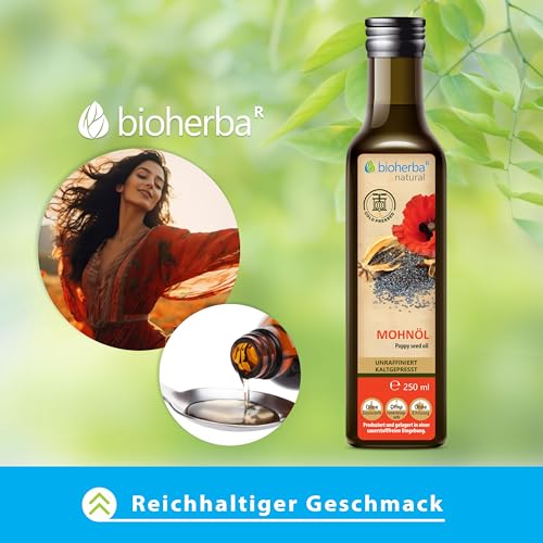Mohnöl 250 ml – Kaltgepresstes Öl aus Mohnsamen | Natürlich & reich an Vitamin E & Omega-6 | Für Küche, Haut & Haarpflege | Von BIOHERBA