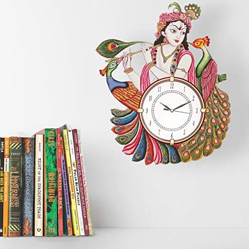 Image of Radhe Krishna Antique Wooden Wall Clock Handmade Vintage Round Analog Wall Clock for Home & Bedroom Decor
