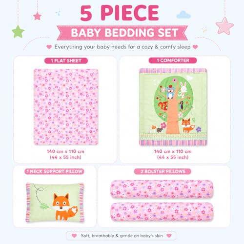 Image of Baby 5 pcs. Bedding Set | Reversible Comforter Blanket & Bedsheet Set for (0-5 Years) | Baby Crib Bedding Set (Pink & Green)