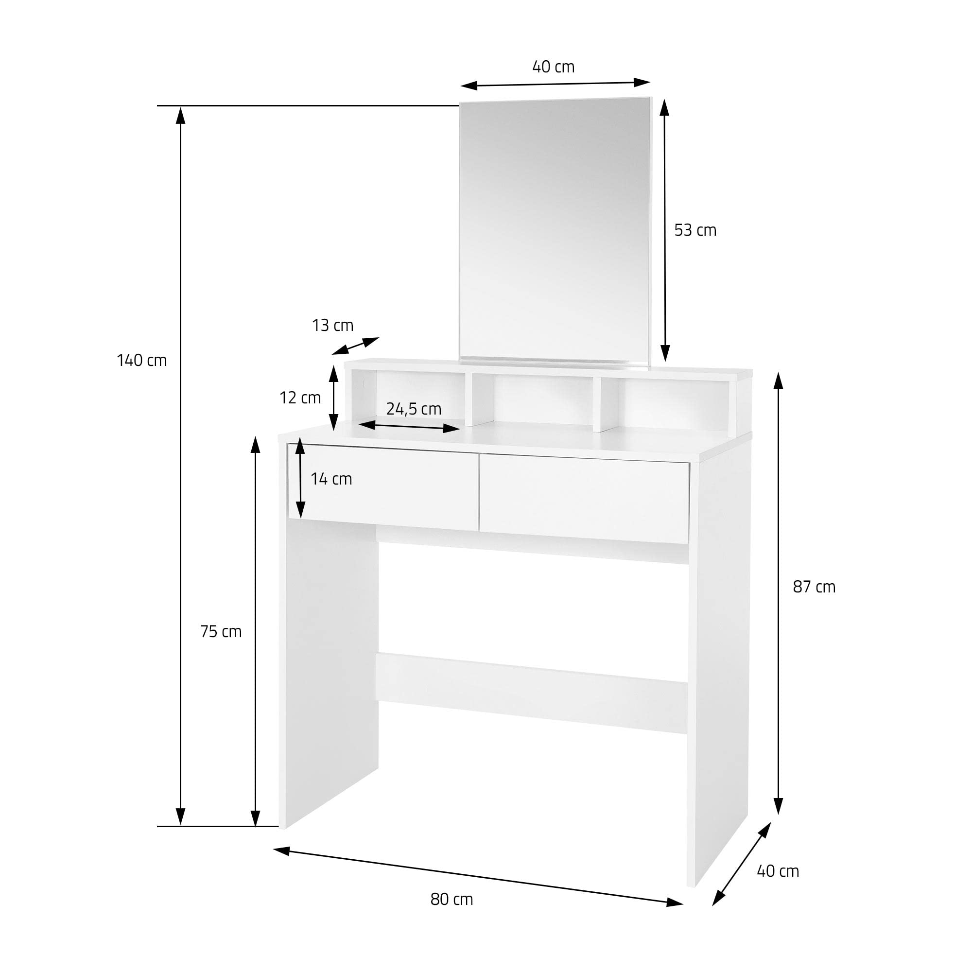 ML-Design Toeletta Tavolo Postazione da Trucco con Specchio Rettangolare e 2 Cassetti 80 x 40 x 140 cm Bianco Design Moderno con 3 Scomparti Aperti Portaoggetti Specchiera per Cosmetici Organizzatore