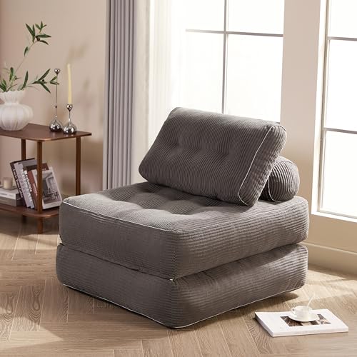 Litbird Canapé Lit 4-en-1 Pliable – Fauteuil Convertible, Canapé Type Pouf, Lit Pliant 1 Place, Idéal pour Petit Espace, Chambre ou Salon (Gris, 89.9 cm)