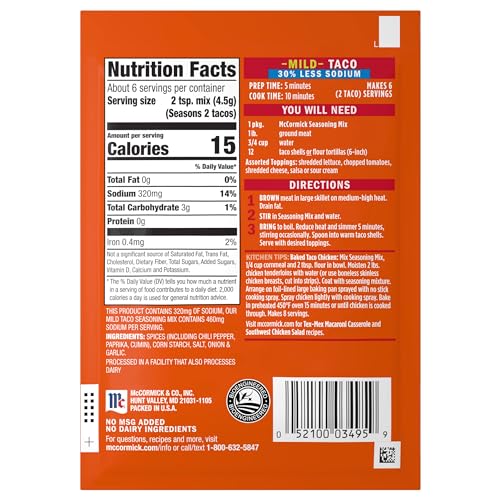 Image of McCormick Taco Seasoning Mix, Mild, 30% Less Sodium, No MSG Added, No Artificial Flavors, For Tacos, Nachos, Fajitas and More, 1 oz