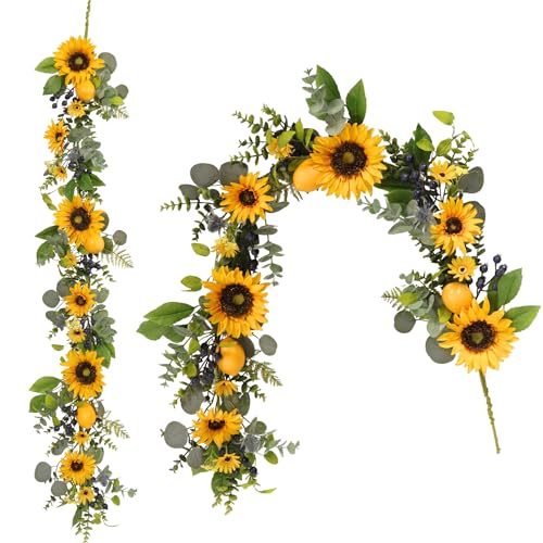 Quixem 60 Inch Sunflower Garland and Lemon Garland for Fireplace Decor UV Resistant Summer Greenery Waterproof Artificial Garland for Farmhouse Fall Garland Transition