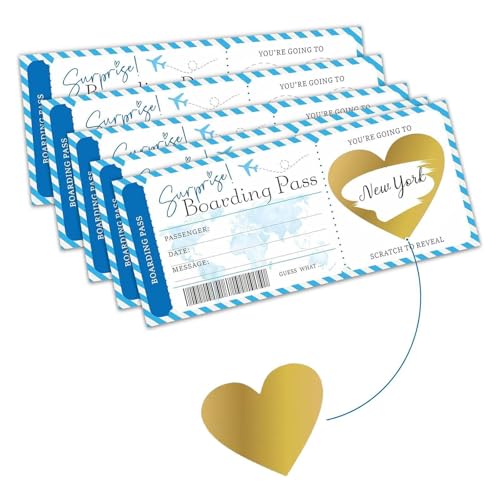 10 boletos dorados, regalo de boleto de avión, regalo para viajes sorpresa, ocasiones románticas, embalaje de cupones de viaje, 8 x 3,5 pulgadas, papel de impresión de cobre