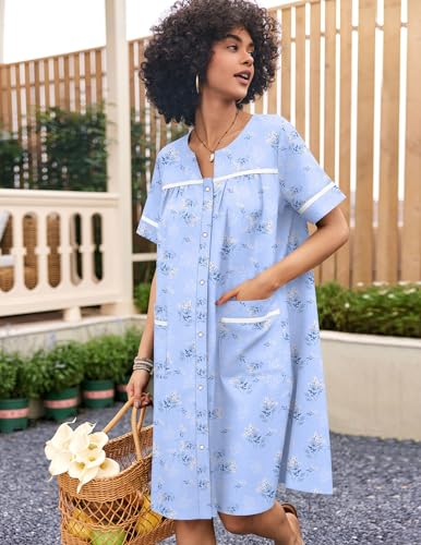 Image of Ekouaer Nightgowns for Women House Dress with Pockets Snap Front House Coat Short Sleeve Duster Moo Moos Sleepwear S-3XL