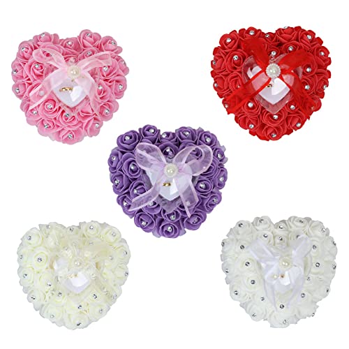 Eforcase Wedding Ring Pillow, Heart Shape Ring Box with Lace Pearl Rhinestone Bridal Ring Holder Cushion Roses Ring Holder for Ring Bearer Wedding Ceremony