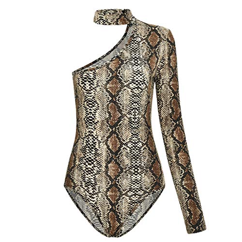 Fashion Women Sexy Hanging Neck Long Sleeve Leopard Bodysuit Jumpsuit Top Romper Brown