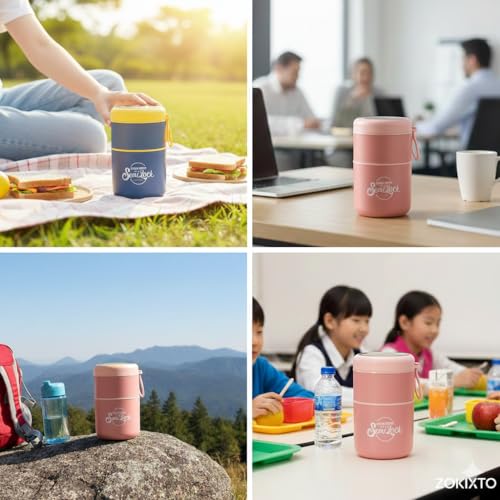 Image of 780ml Stainless Steel Lunch Box with Spoon, Handle, Leak Proof Small Container for Snack, Diet & Prep Food, Stackable Stainless Steel 2 Tier Men's Lunchbox for Work (Pink)