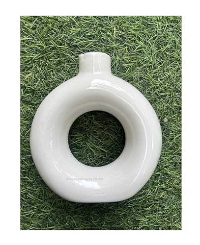 Image of SPHINX Ceramic Vase with Artificial Flowers| Flower Vase for Home Decor,Living Room,Dining Table & Office| Boho Minimalist for Decoration, (Donut with 2 Cherry Bunches) Flower Colour as per Stock