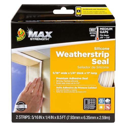 Duck Brand Max Strength Silicone Weatherstrip Seal for Doors and Windows, Self-Adhesive, Fits Medium Gaps from 1/8-1/4 Inches, .31 in. x .25 in. x 17 ft., White