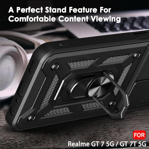 Image of TheGiftKart Tough Armor Bumper Back Cover Case for Realme GT 7 5G / GT 7T 5G / GT 7 Dream Edition | Sliding Camera Cover, Kickstand & Ring Holder | 360 Protection Back Cover Case (PC & TPU, Black)