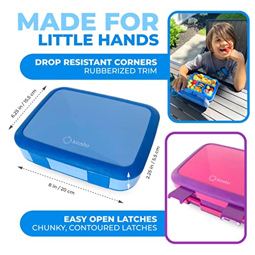 Image of kinsho Bento Lunch Box for Kids Toddlers Boys Girls, 5 Portion Sections Secure Lid, Microwave Safe BPA Free Removable Tray, Pre-School Kid Daycare Lunches Snack Container, Blue & Pink Purple 2 Pack