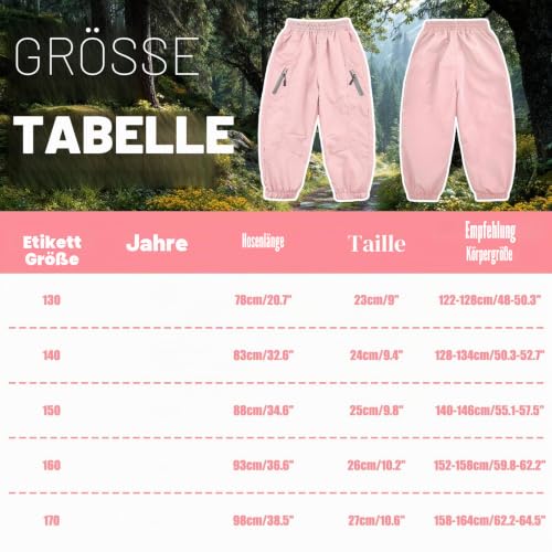 Domueay Mädchen Softshellhose Wasserdicht Winddicht Atmungsaktiv Regenhose mit Mesh Futter Elastischer Bund Weiche Wanderhose Trekkinghose Outdoorhose Sport Matschhose, GR.152-158, Rosa