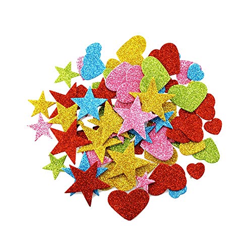 DLOnline 220 Pieces Foam Glitter Stickers, Star and Mini Heart Shapes for Kid's Arts Craft Supplies Greeting Cards Home Decorati