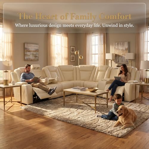 Image of Power Reclining Sectional Sofa for Living Room,Modern L-Shaped Air Leather Sectional Couch Set,Recliner Sofa Set,with LED Lights,Cup Holder,Storage,Charging Ports,Home (White, Sectional)