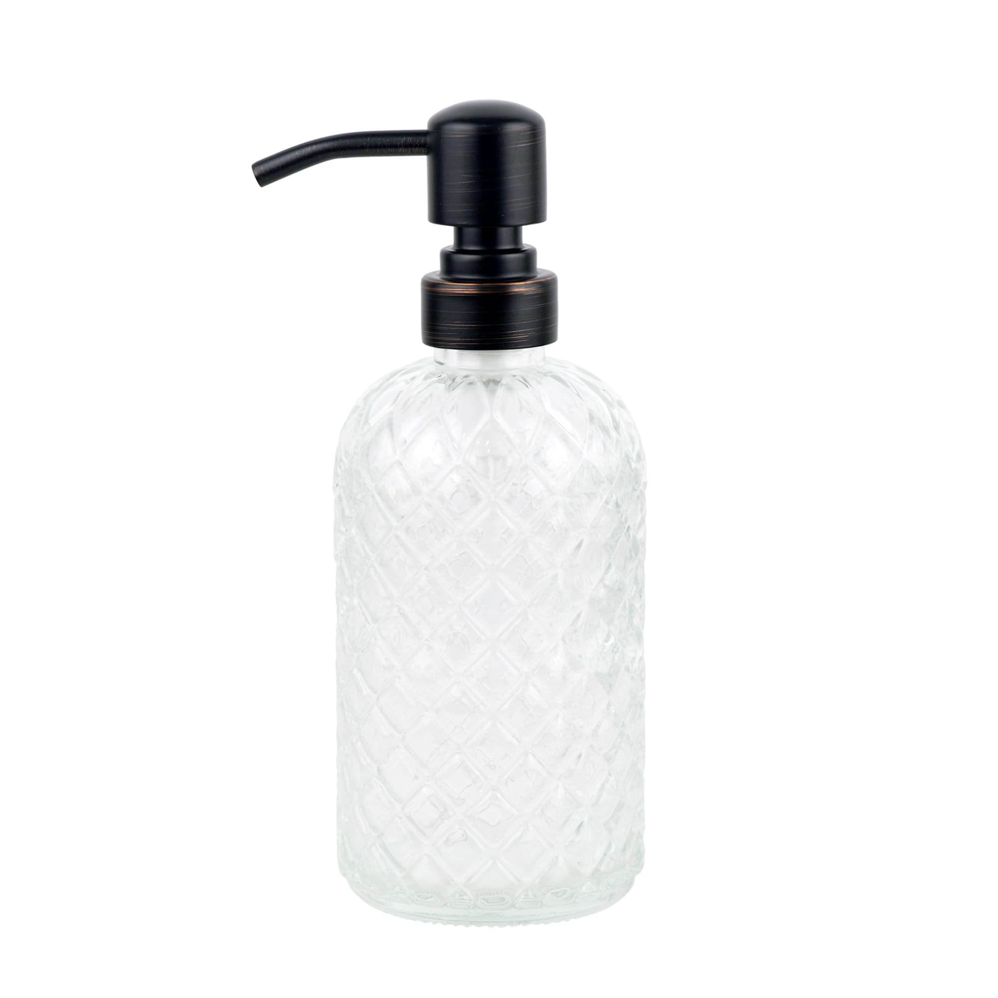 SDlumeiy 16 oz Clear Glass Soap Dispenser with Stainless Steel Vintage Brushed Bronze Pump Head, Refillable Diamond Pattern Hand Dish Soap Dispenser