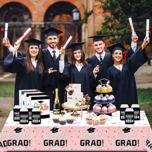 Image of Oigco Graduation Decorations Congrats Grad Graduation Tablecloth for 2026 Graduation Party Supplies, 3 Pcs Pink Plastic Table Cloths, 54 inchx108 inch