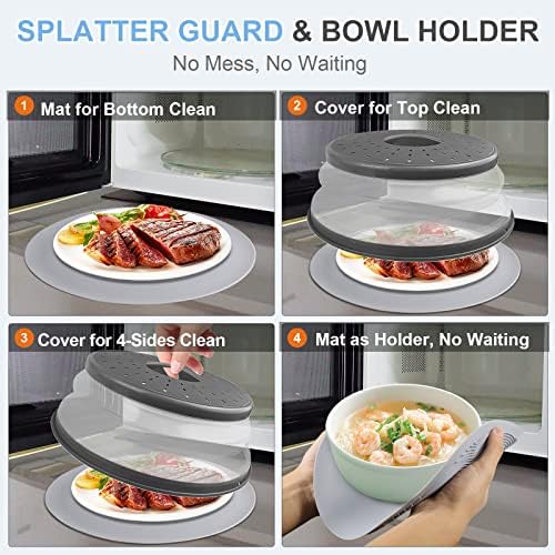 LekDrok 10 Inch Microwave Food Cover & Collapsible Silicone Mat - Splatter Guard, Plate Holder & Kitchen Colander for Meal Prep, Charcoal - 2