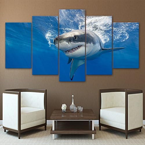 BAIYANGYANG Modern HD Printed Canvas Painting Wall Art Frame Picture 5 Pieces Blue Deep Sea Large Shark Kitchen Restaurant Decor Living Room,30x50 30x70 30x80cm,Frame
