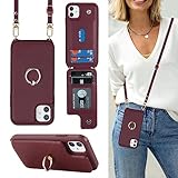 Cavor for iPhone 11 Case,for iPhone 11 Wallet Case with Card Holder for Women,for iPhone 11 Crossbody Case with Strap,Rotatable Ring Holder Kickstand Case,Wine Red