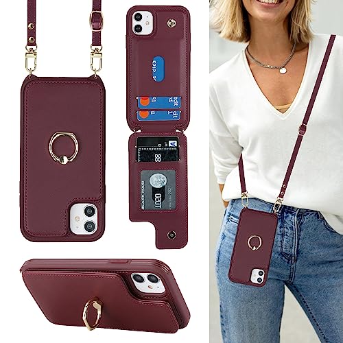 Image of for iPhone 11 Phone Case with Card Holder and Strap for Women,Crossbody Lanyard,RFID Blocking,Kickstand Ring Stand,Snap Clasp,Phone Wallet Cases 6.1 inch(Wine Red)