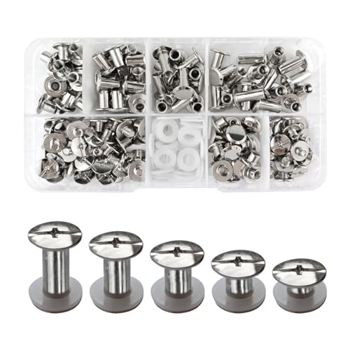 SHSMPXOY 100 Sätze Chicago Buchschrauben Edelstahl M5*4/6/8/10/12mm 5 Größen Chicago Schrauben Buchbinderschrauben Schraubnieten für Leder Taschen Bücher Halsbänder Rucksäcke Hundeleinen (Silber)